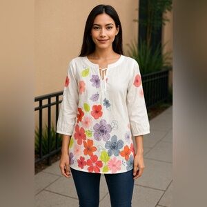 Cacique 14/16 White Floral Tunic Top Boho Swim Cover Up Plus Resortwear Beachy